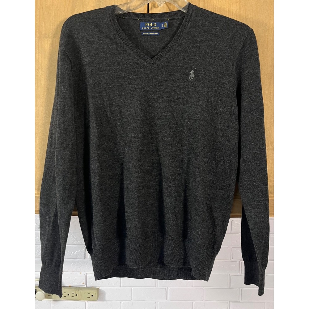Polo Ralph Lauren V-Neck Sweater Mens Small Gray Washable Merino Wool Pony Logo